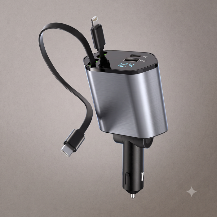 4-in-1 Super Fast Car Charger With Dual Built-in Cables Dual Usb Ports