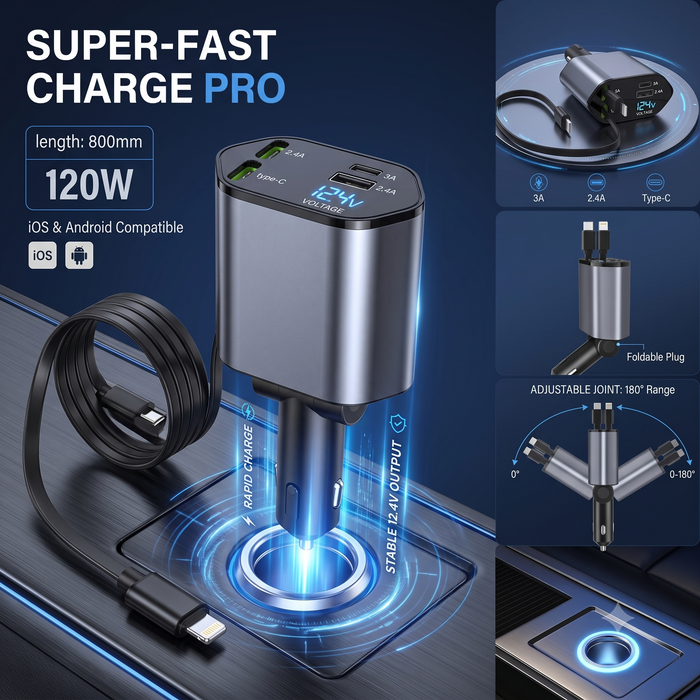 4-in-1 Super Fast Car Charger With Dual Built-in Cables Dual Usb Ports